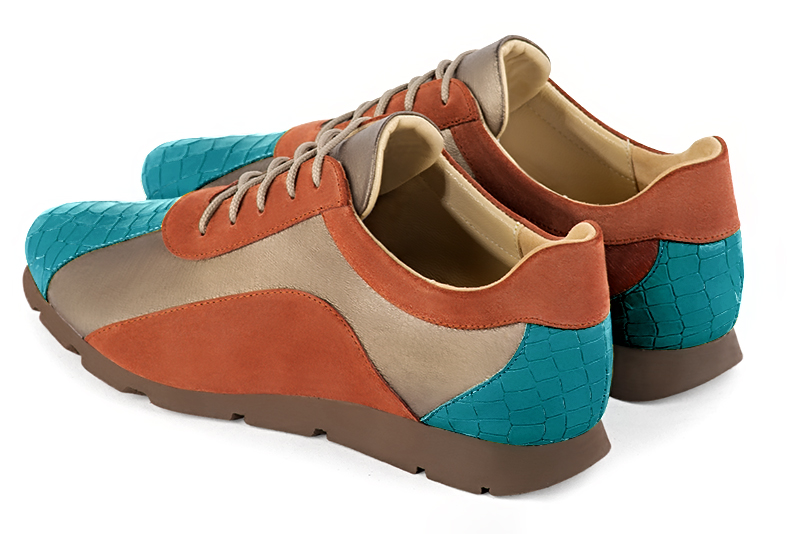 Turquoise blue, tan beige and terracotta orange women's three-tone elegant sneakers. Round toe. Flat rubber soles. Rear view - Florence KOOIJMAN